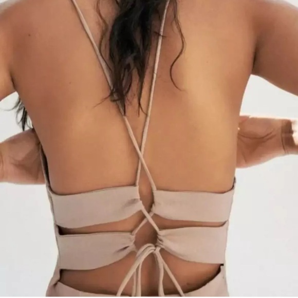 Zara Linen Blend Open Back Halter Tan Sleeveless Dress Size L  New - Picture 5 of 13